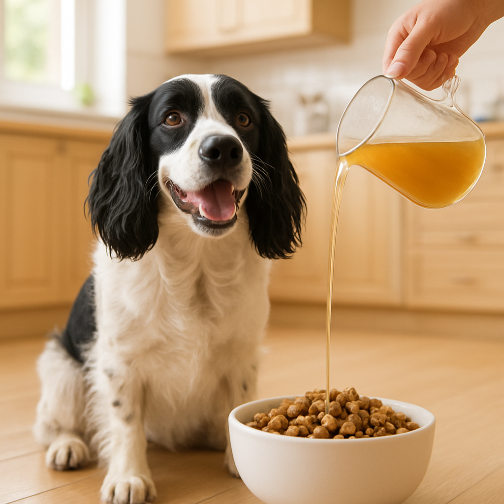 A happy dog beside a bowl as bone broth is poured over kibble